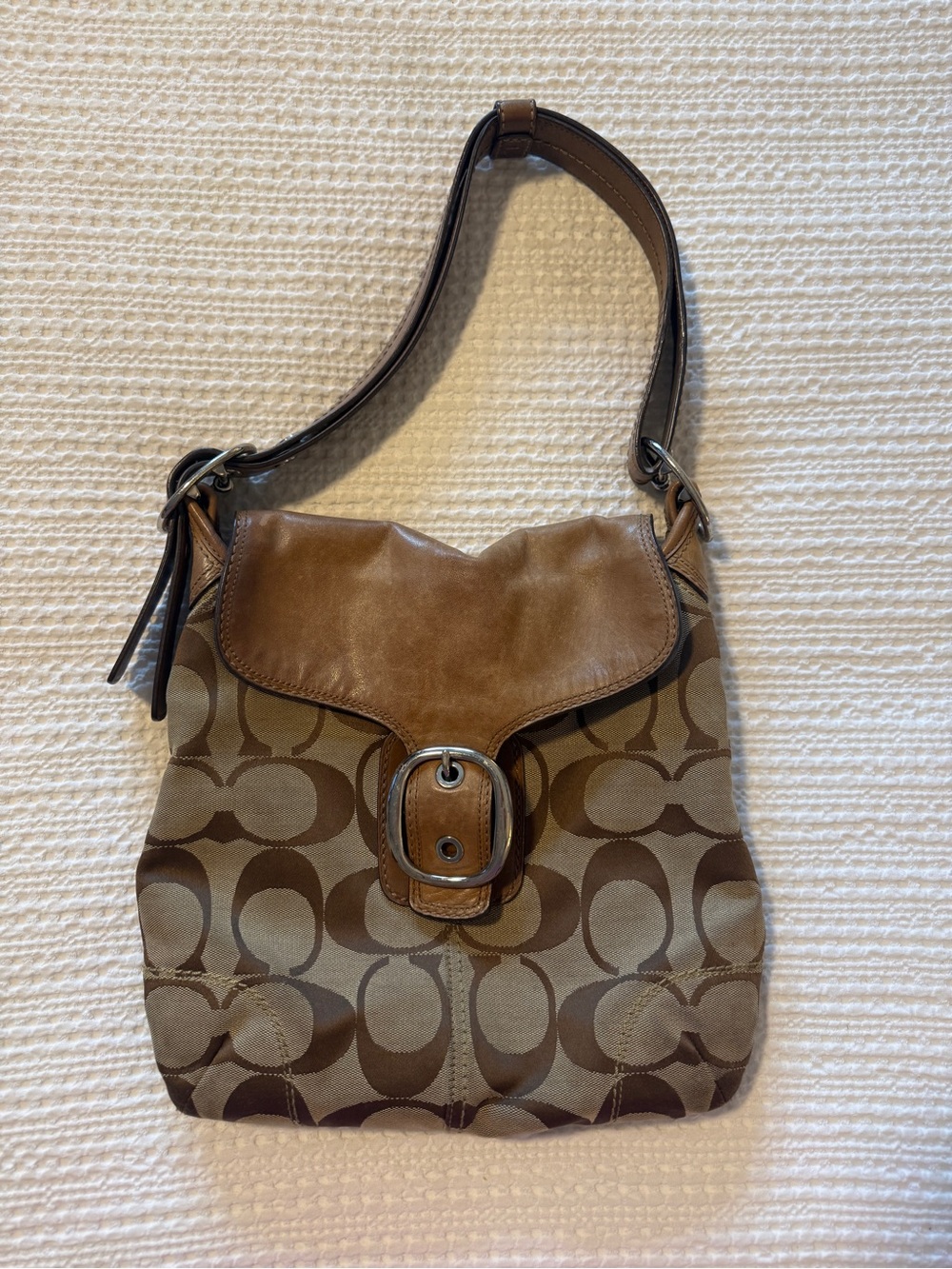 Coach Brown Signature Canvas Shoulder Bag with Leather Flap